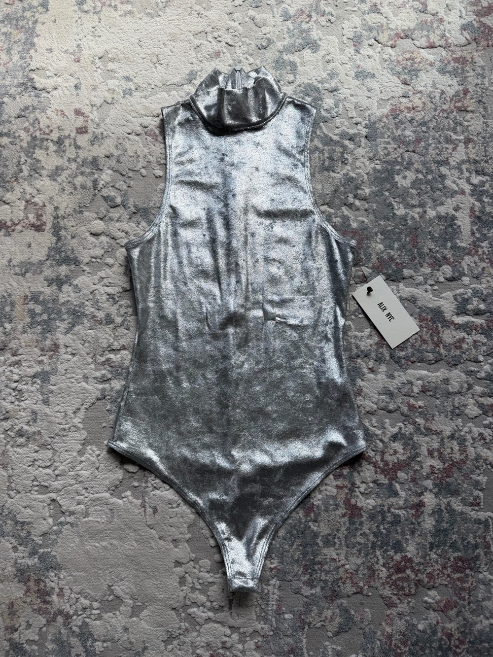 ALIX NYC Metallic Silver Sleeveless Mock Neck Bodysuit